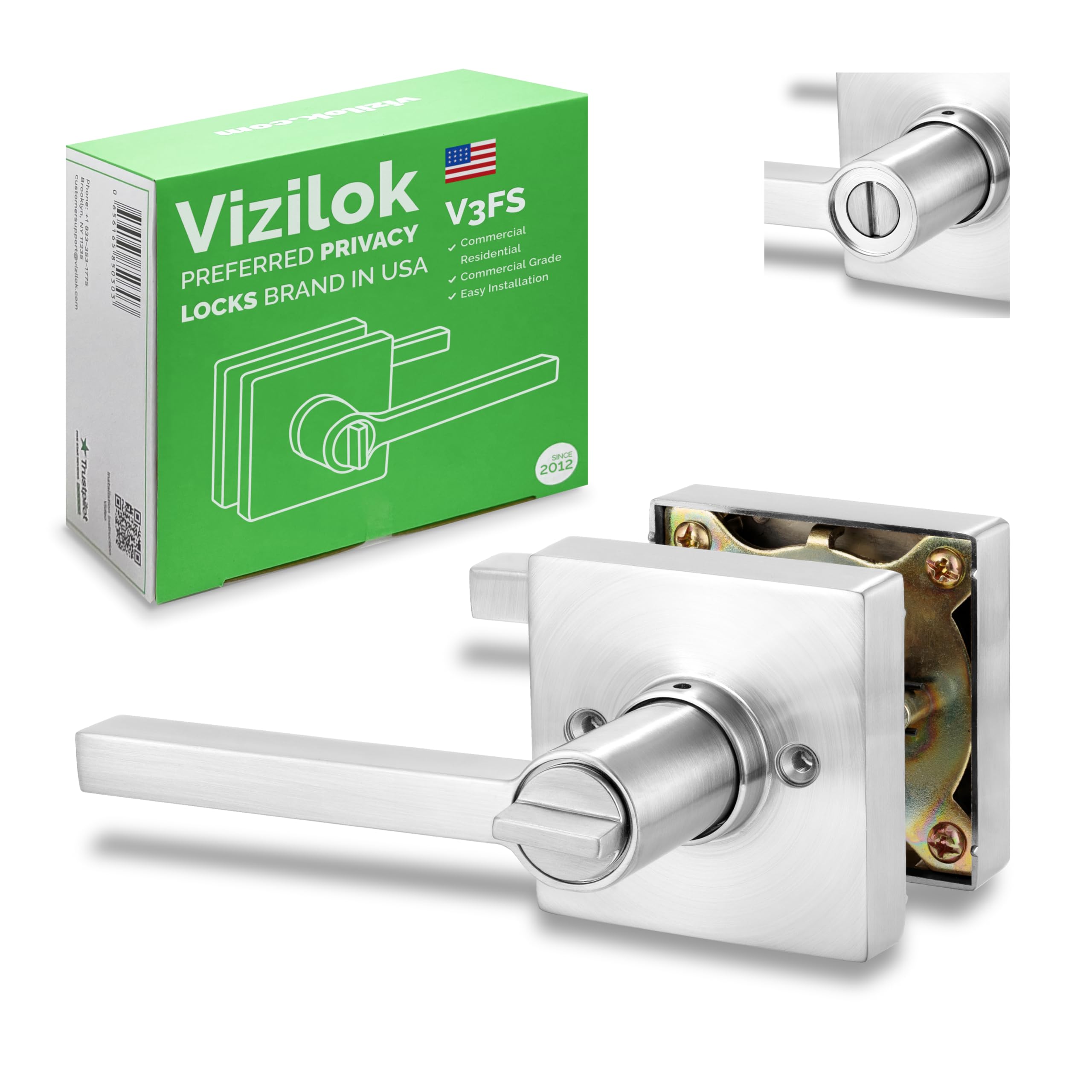 VIZILOK Square Privacy Door Lock, Satin Chrome Finish, V3FS
